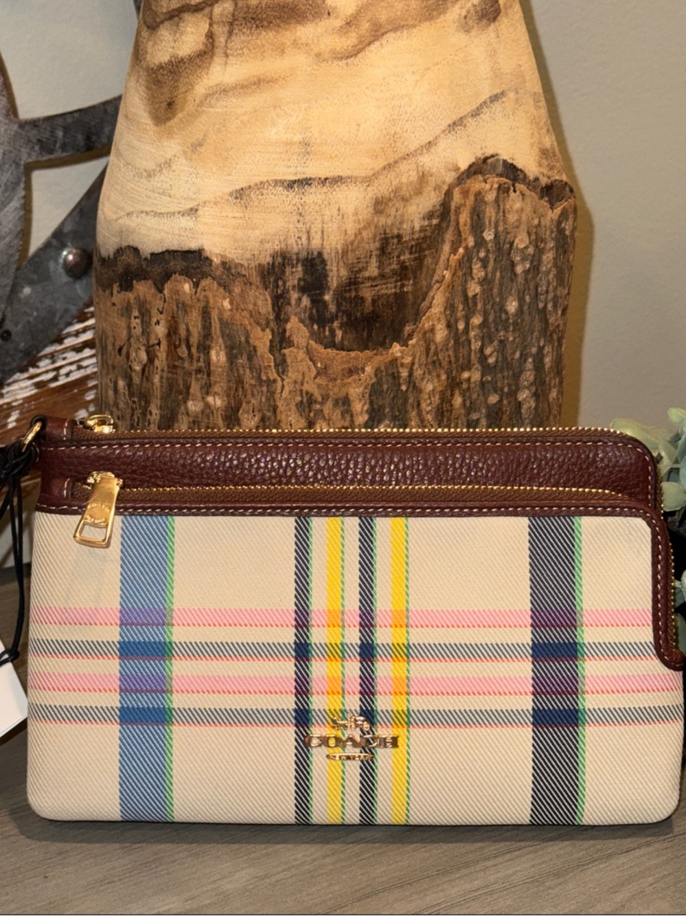 Coach Plaid Zip Wallet with Brown Leather Trim
